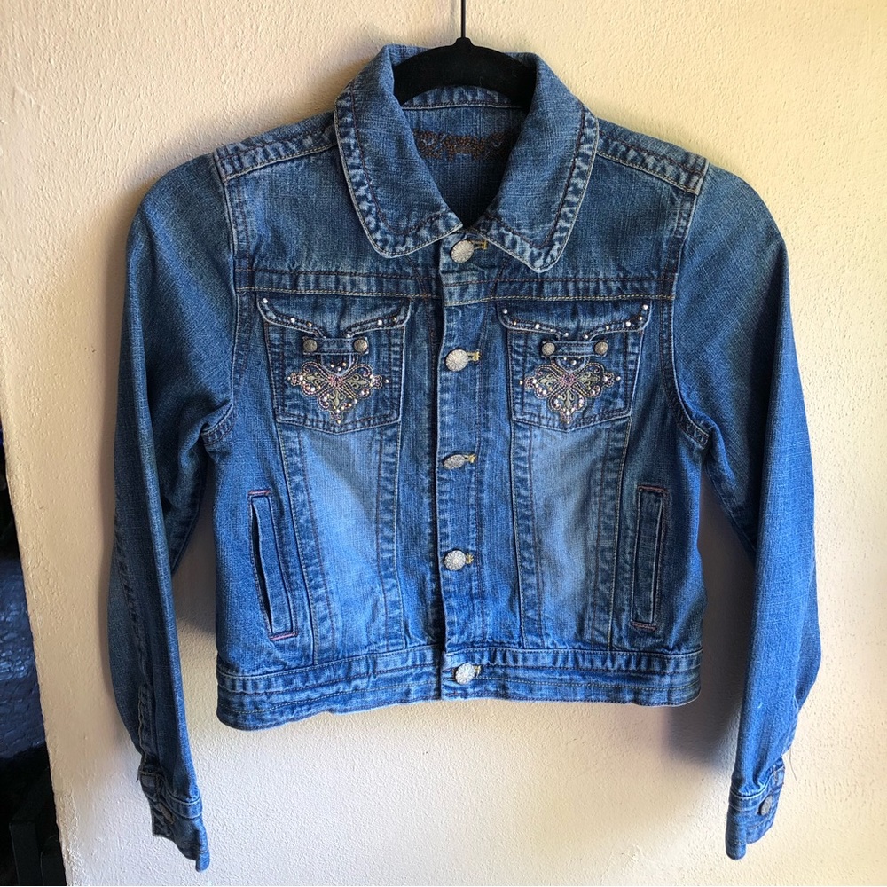 Vintage Girl's Jean Jacket Medium Rinse with Jeweled Grommet Detailing. Large